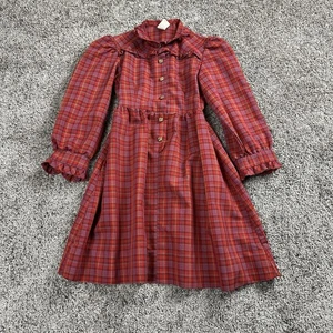 Vintage Plaid Dress Girls Size 7 Red Ruffle Collar Long Sleeve Cottagecore 80s - Picture 1 of 8