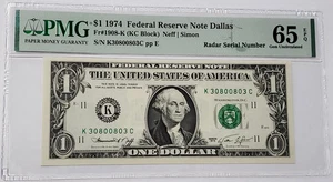 banconota da 1 dollaro 1974 numero di serie fantasia PMG 65 gemma non circolata RADAR - K 30800803 C - Foto 1 di 4