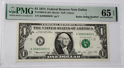 $1 Bill 1974 Fancy Serial Number PMG 65 Gem Uncirculated RADAR - K 30800803 C - Image 1 of 4