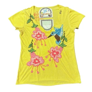 Joystick handgenäht Stickerei Kolibri gelb Shirt Damen Small - Bild 1 von 7