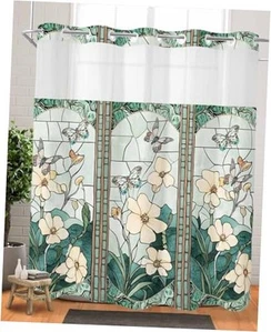 Butterfly Flower No Hooks Shower Curtain with Waterproof Snap Liner, Vintage - Picture 1 of 8