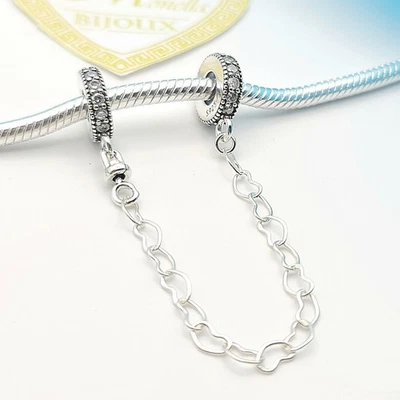 Charm argento 925 catena di sicurezza (modello Pandora) cuoricini zirconi foreve - Immagine 1 di 4