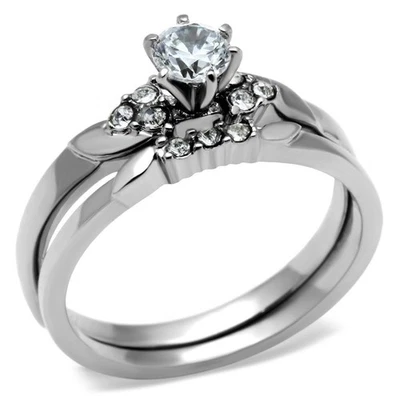 0.25Ct Women's CZ Solitaire Accent Bridal Ring Set Wedding Band Stainless Steel - Image 1 of 4
