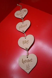 There's No Place Like Home Hanging Hearts Wall Sign Laser Engraved And Cut Walnu - Picture 1 of 10