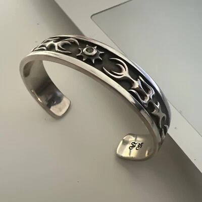 HEAVY Solid 925 STERLING SILVER CUFF Bangle  BRACELET BIKER SUN DESIGN WHITE CZ - Image 1 of 4