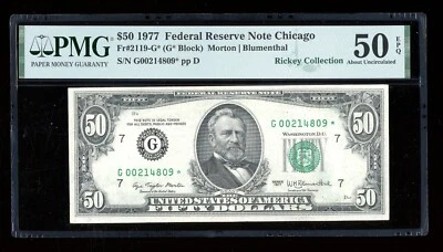 DBR 1977 $50 FRN Chicago STAR Fr. 2119-G* PMG AU-50 EPQ Serial G00214809* - Image 1 of 2