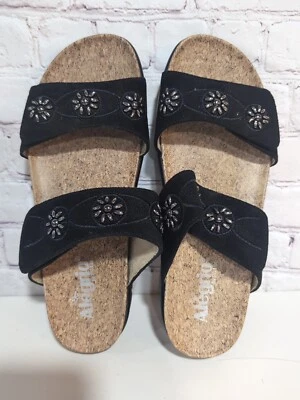 Sandálias femininas Alegria Mandie 41 camurça preta vegana slide EUA 10,5-11 cravejadas - Imagem 1 de 4