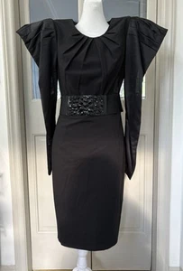 Nue By Shani Black Fitted Dress Size 10 Built In Shapewear Retro Techno Sleeve - Picture 1 of 9