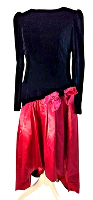 Verdadero Vestido Formal Vintage Años 80 Negro Terciopelo Rosa Asimétrico Enorme Lazo Foto 1 de 4