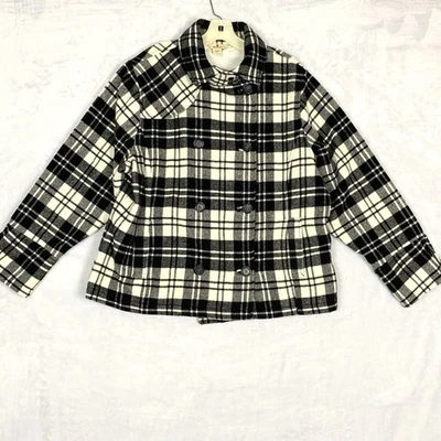 Jaqueta Woolrich Feminina L Mocassim Xadrez Preto Branco Casaco de Ervilha Lã Nylon - Imagem 1 de 4