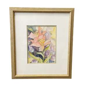 Artist Original Watercolor Painting Iris Gold Frame Matted Glass Signed WARD - Picture 1 of 9