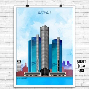 Detroit Michigan City Watercolor Skyline Print, Poster, Travel Decor, Wall Art - Picture 1 of 3