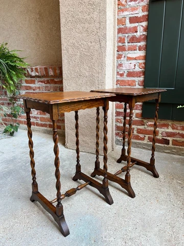 PAIR Antique English Sofa Side Table Barley Twist Square Tiger Oak PETITE Set 2 Cover