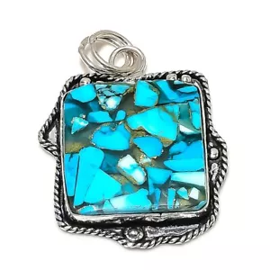 Copper Blue Turquoise Gemstone 925 Sterling Silver Jewelry Pendant 2.36" I278 - Picture 1 of 3