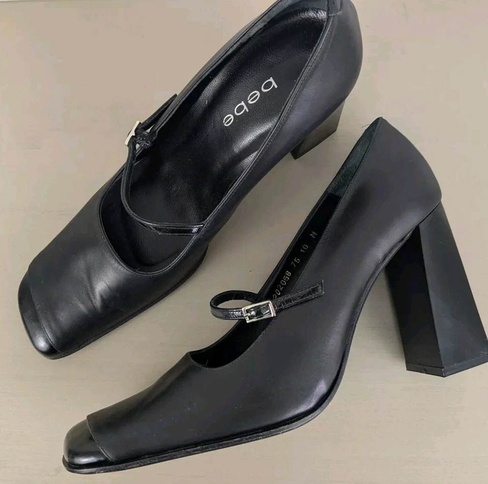 Y2K Bebe Puntera Cuadrada Mary Jane Tacones Cuero Negro Bombas Grueso Tacón Bloque Talla 10 Foto 1 de 4