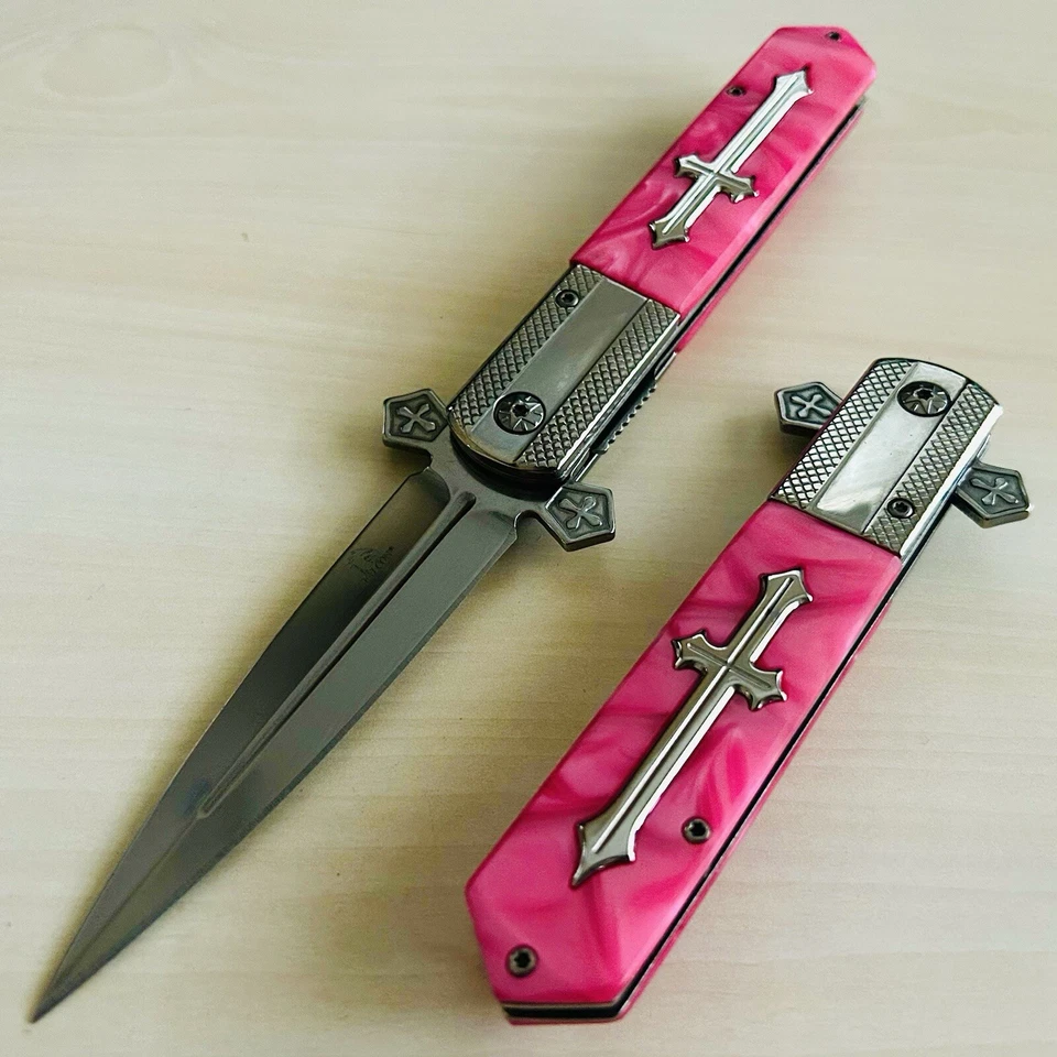 9” Pink Pearl Cross Tactical Spring Assisted Folding Pocket Knife Girl’s Knife - Image 1 of 4