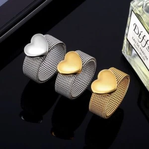 Love Heart Mesh Rings- Charm Reticulate Shiny Stainless Steel Round Fingers Ring - Picture 1 of 14