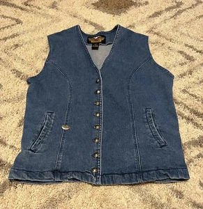 Vintage Harley Davidson Denim Vest Womens Large Pockets Eagle Buttons - Picture 1 of 13