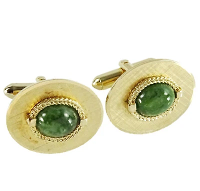 Gemelos Swank Vintage Piedra Verde Nefrita Jade Ovalados Gemelos Foto 1 de 2
