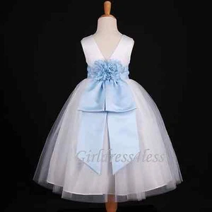 WHITE/SKY BLUE BABY BRIDESMAID RECITAL FLOWER GIRL DRESS 12M 18M 2 4 6 8 10 12 - Picture 1 of 2