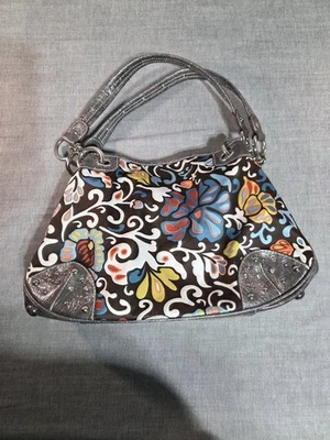 Bolso de Mano Kathy Van Zeeland Retro Floral Plateado Herrajes Cremalleras Bolsillos Boho Foto 1 de 4