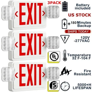 3Pack Red Exit Sign with Emergency Lights,Exit Sign for Business,UL 924,120/277V - Picture 1 of 22