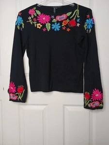 Michelle Nicole New York Embroidered Floral Black Knit Size XL Sweater BOHO   - Picture 1 of 8