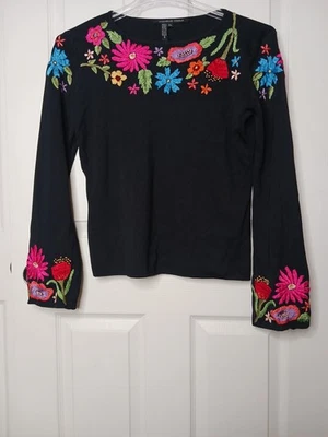 Suéter Michelle Nicole New York Bordado Floral Negro Tejido Talla XL BOHO   Foto 1 de 4
