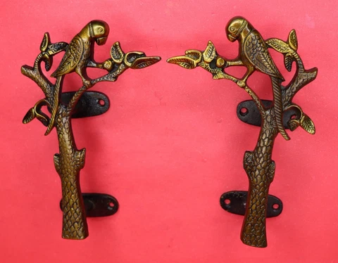 Parrot on Tree Shape Antique Vintage Style Handmade Solid Brass Door Pull Handle Cover
