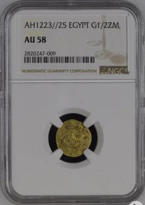 EGYPT - OTTOMAN , GOLD 1/2 ZERI MAHBUB MAHMUD II 1223/25 AH - NGC AU 58 , RARE15 - Picture 1 of 2