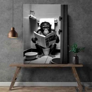 Monkey Sitting on the Toilet Reading a Newspaper Canvas Painting Mural Poster - Picture 1 of 5