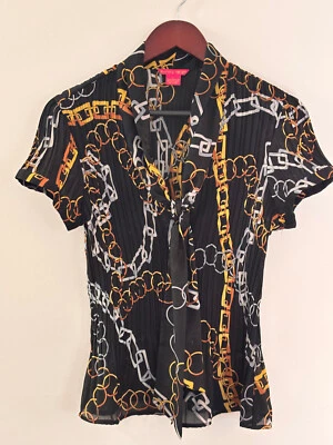 SUNNY LEIGH Womens Size Large Black Short Sleeve Ruffled Crinkle Blouse Shirt - Image 1 of 4
