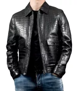 Mens Real Leather Crocodile Embossed Jacket Biker Black Alligator Print Jacket | - Picture 1 of 6