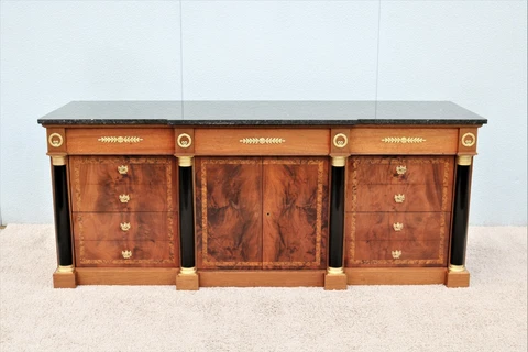 Vintage French Empire 19th Century Style Mahogany and Marble Credenza Cabinet Cover