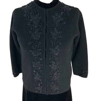 Vintage Voguemont Beaded Sweater Hand Loomed 100% Wool Black Hook Closure 1960s - Image 1 of 4