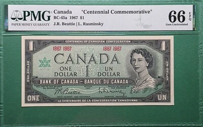 1967 CANADA $1 P# BC- 45a CENTENNIAL COMMEMORATIVE PMG 66 EPQ GEM UNC  - Image 1 of 2
