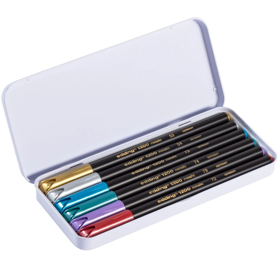 6 Fasermaler METALLIC farbsortiert in einer Metallbox edding - Bild 1 von 1