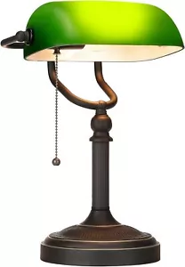 Antique Green Glass Bankers Desk Lamp with Pull Chain Switch Plug in Fixture - Picture 1 of 6