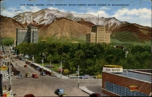 City Park, Ogden,UT Bus Depot Sign 1944 Ogden In Background Utah - Picture 1 of 2