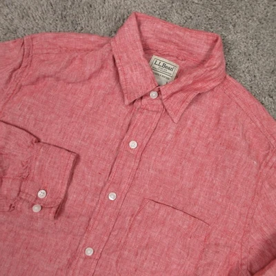 LL Bean Shirt Mens Small Red Slightly Fitted Linen Chambray Pocket Button Up - Image 1 of 4