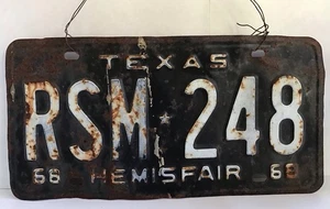 Vintage 1968 Texas License Plate, Black with White Letters, Hemisfair - Picture 1 of 1