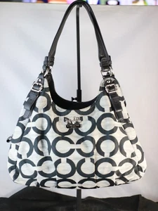 Coach 17020 Madison Maggie Op Art Shantung Shoulder Bag Purse Silver & Black - Picture 1 of 9