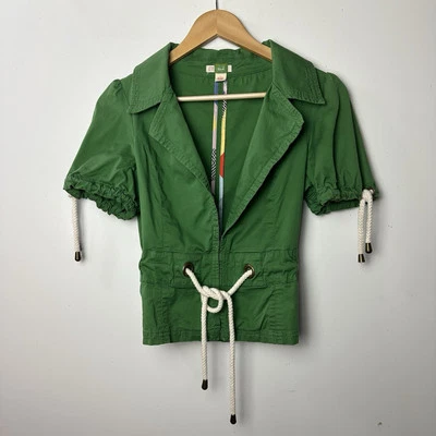 Ett Twa Anthropologie Blazer Jacket Top Green Short Sleeve Tie Front Y2K Boho 6 - Image 1 of 4