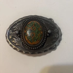 Vintage Gürtelschnalle aus Metall mit Zierintarsien und Blumenmuster - Bild 1 von 8