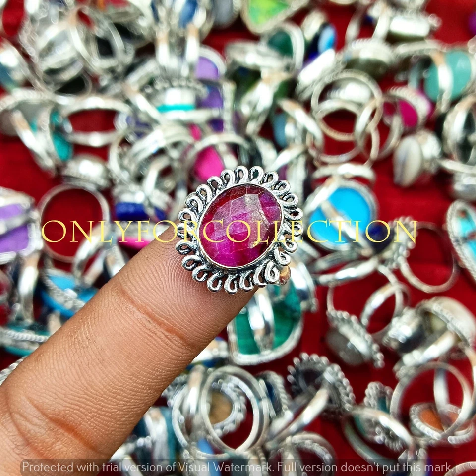 Pink Ruby & Mix Gemstone 925 Sterling Silver Plated Wholesale Lot Ring For HIM - Image 1 of 3