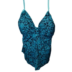 It Figures! Lady Swim Tankini Top Size 32W Padded Floral Paisley Black Teal - Picture 1 of 8
