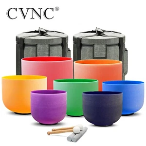 CVNC 6"-12" 7 Pcs Color Chakra Frosted Crystal Singing Bowls Set Sound Heal Caes - Picture 1 of 5