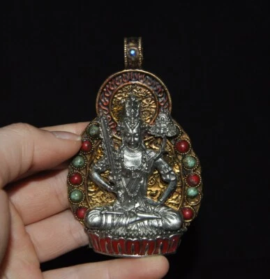 3.4" Antiguo Tibetano Plata Incrustación Gema Sostener Espada Manjushri Tara Colgante Estatua Foto 1 de 4