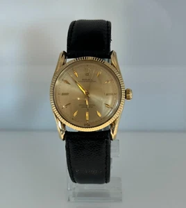 Rolex Oyster Perpetual 34mm 14k Gold Vintage Men's Watch Fluted Leather Ref 6585 - Picture 1 of 7