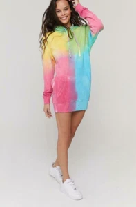 S VICTORIA SECRET VS PINK Spiritual Gangster Rainbow Tie Dye Hoodie Dress NEW - Picture 1 of 4